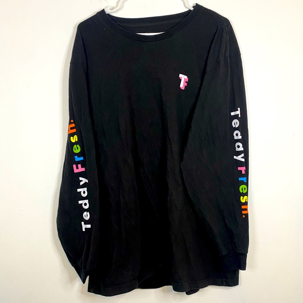 TEDDY FRESH Rainbow Colored Logo Graphic Print Long Sleeve Black Tee Shirt